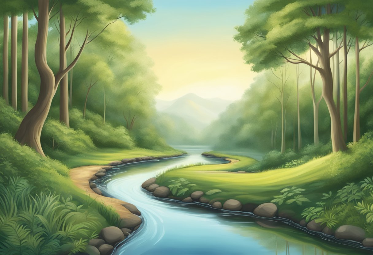 A digital illustration of a river through a green forest 