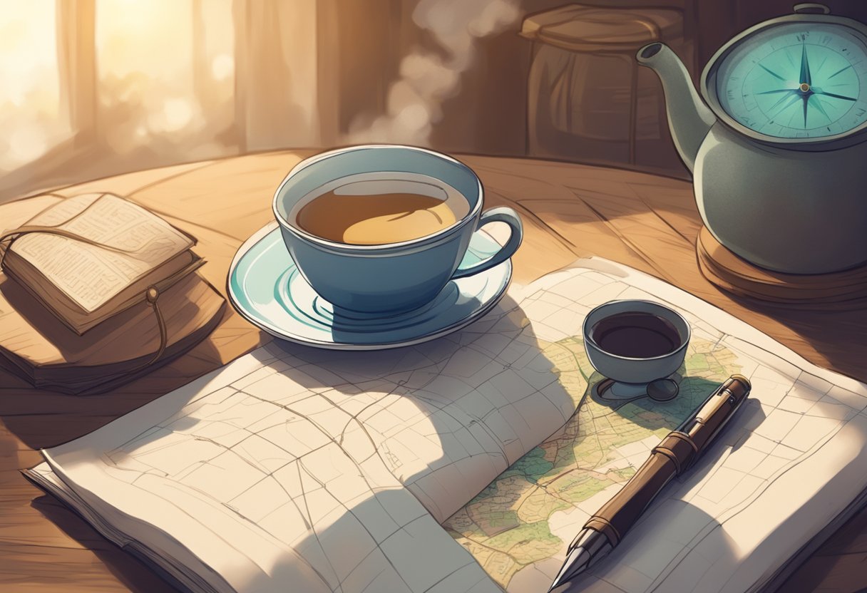A digital illustration of a table with a map and cup of coffee.