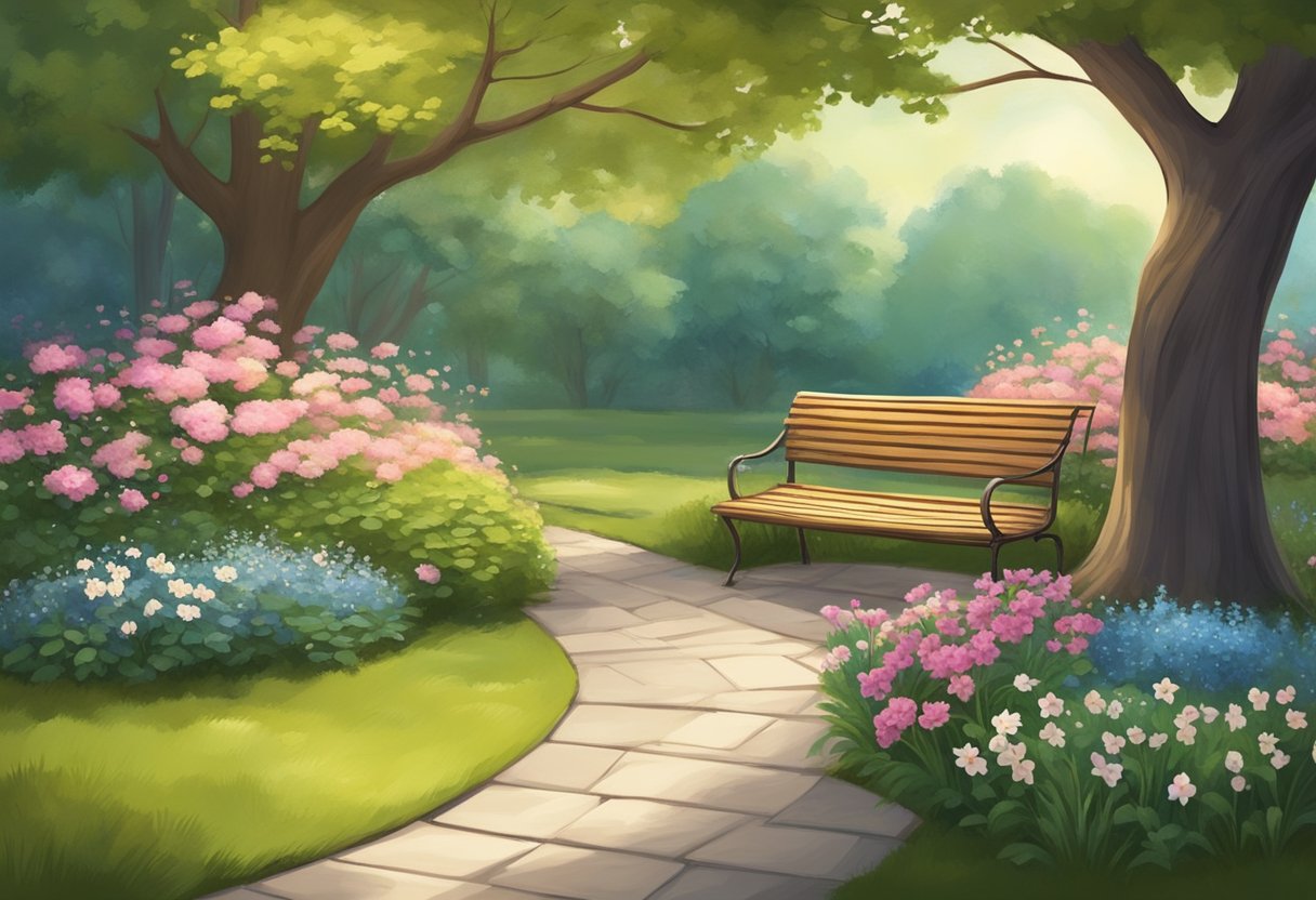 A digital illustration of a park bench on a stone walk path.