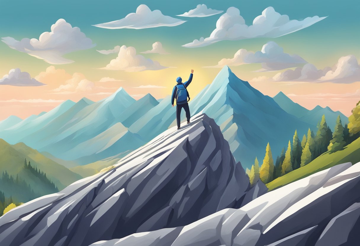 A digital illustration of a man with an arm raised in triumph overlooking a beautiful mountain valley