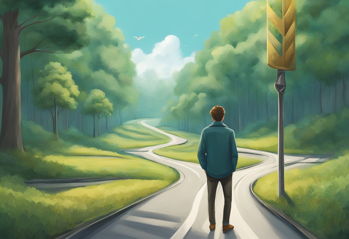 A digital illustration of a man standing at what appears to be a crossroads.
