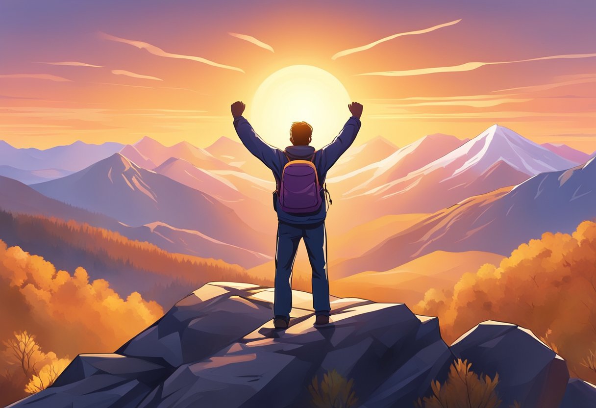 A digital illustration of a man with both arms raised overlooking a beautiful mountain valley in the fall