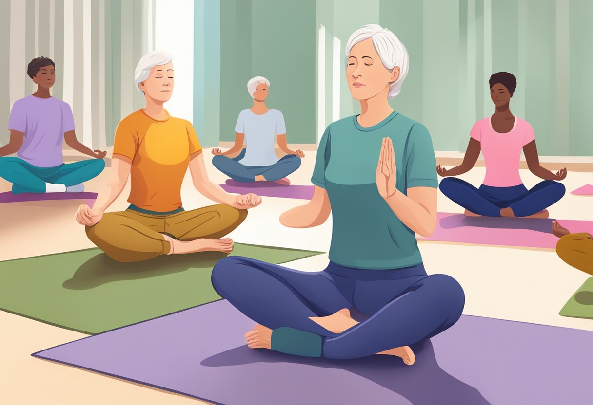 A digital illustration of a group of women doing yoga