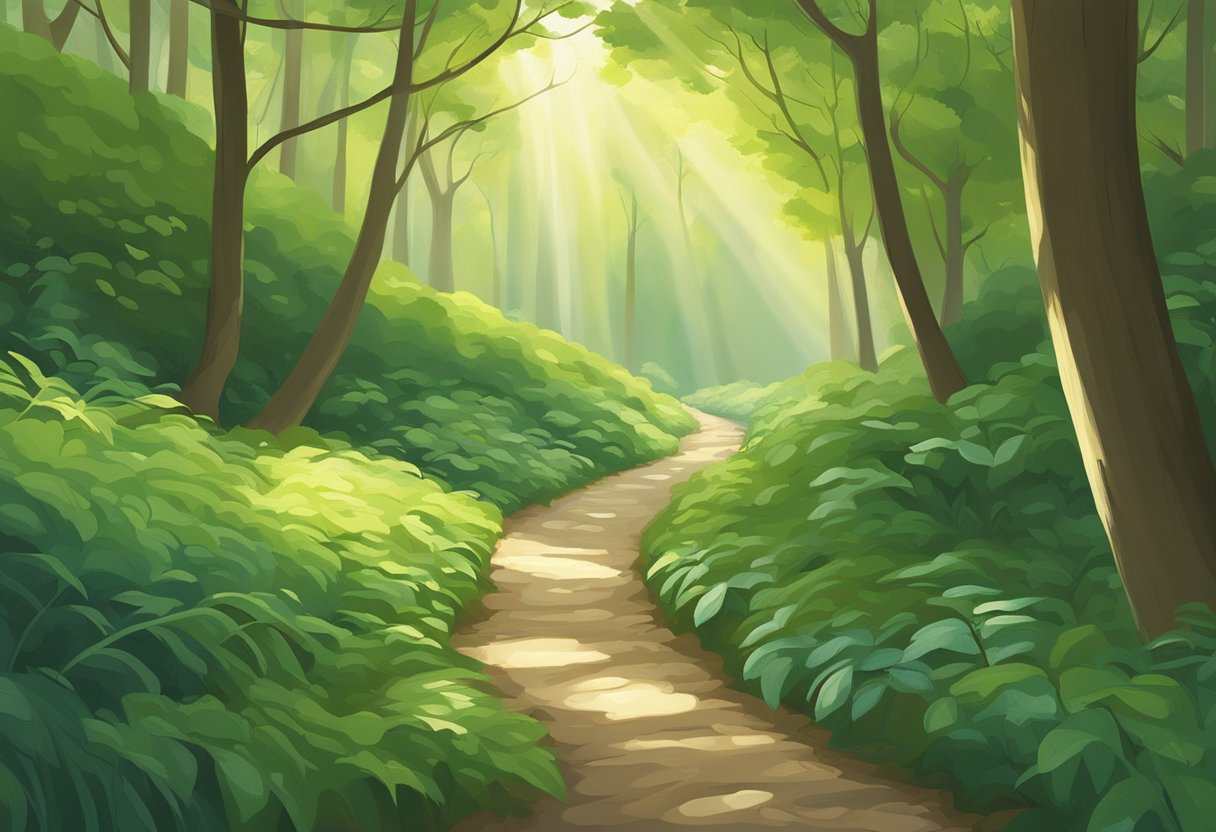 A digital illustration of a walking path through a forest with sunlight