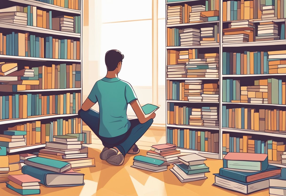 A digital illustration of a man reading books in a library. 