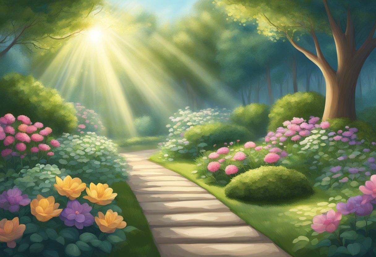 A digital illustration of a walking path through a foriest with beautiful flowers with sunlight shining thgout the conopy