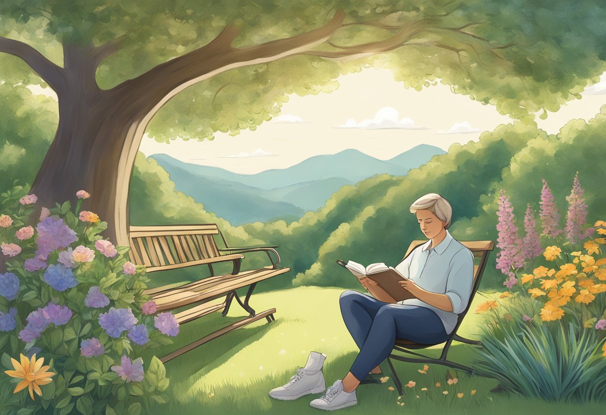 A digital illustration of a woman sitting in a chair next to a parkbench reading a book under a tree in a park like setting.