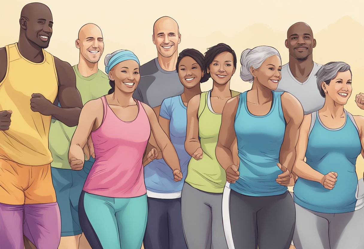 A digital illustration of a group of people being active and smiling. 