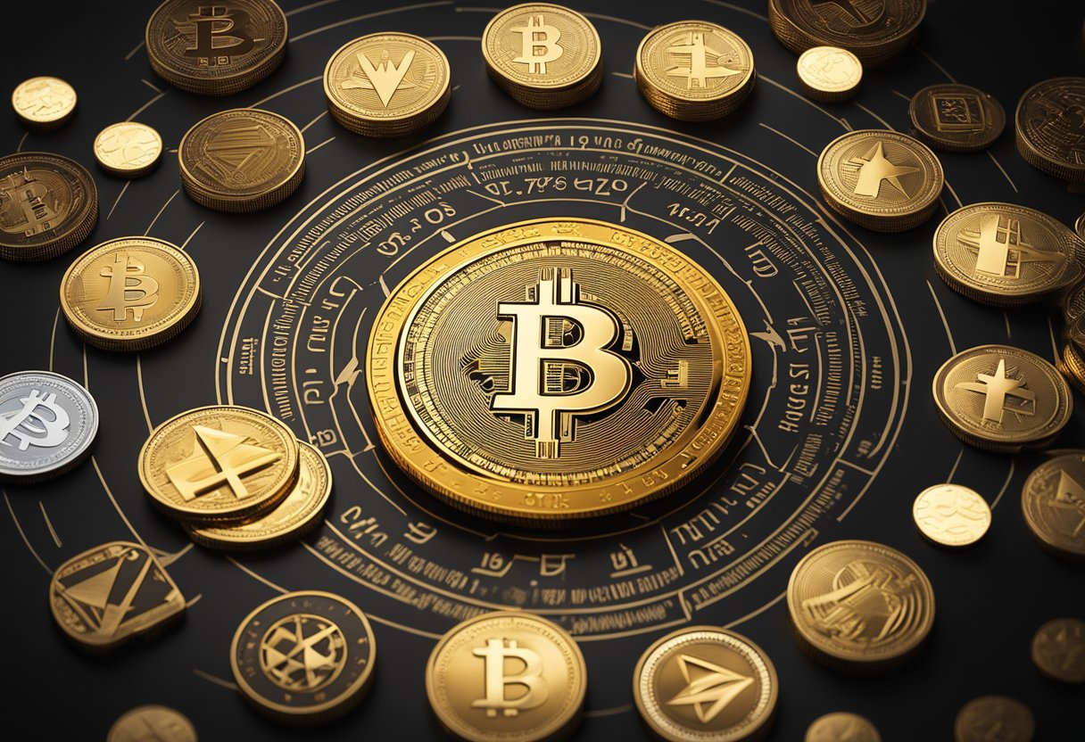 small bitcoins surrounding a big bitcoin on the table