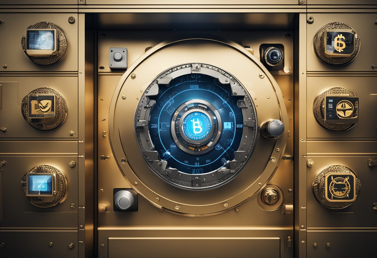 a vault with a graphic of a bitcoin logo