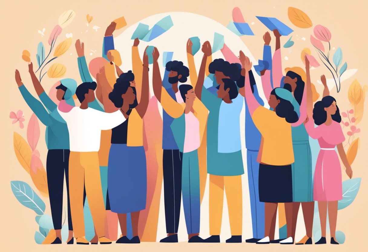 A digital illustration of a diverse group of people raising their hands