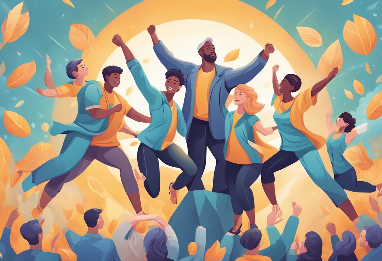A digital illustration of a group of people Jumping for joy with asun and leaves background