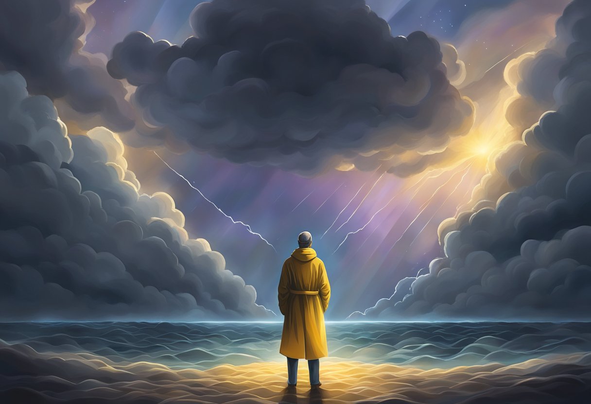 A digital illustration of a man staring into the storm