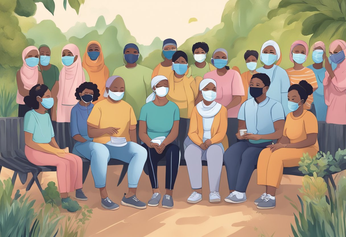 A digital illustration of a group of people with face masks on.