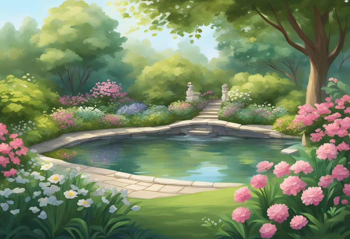 A digital illustration of a pond lindes with a walking path in a lush setting