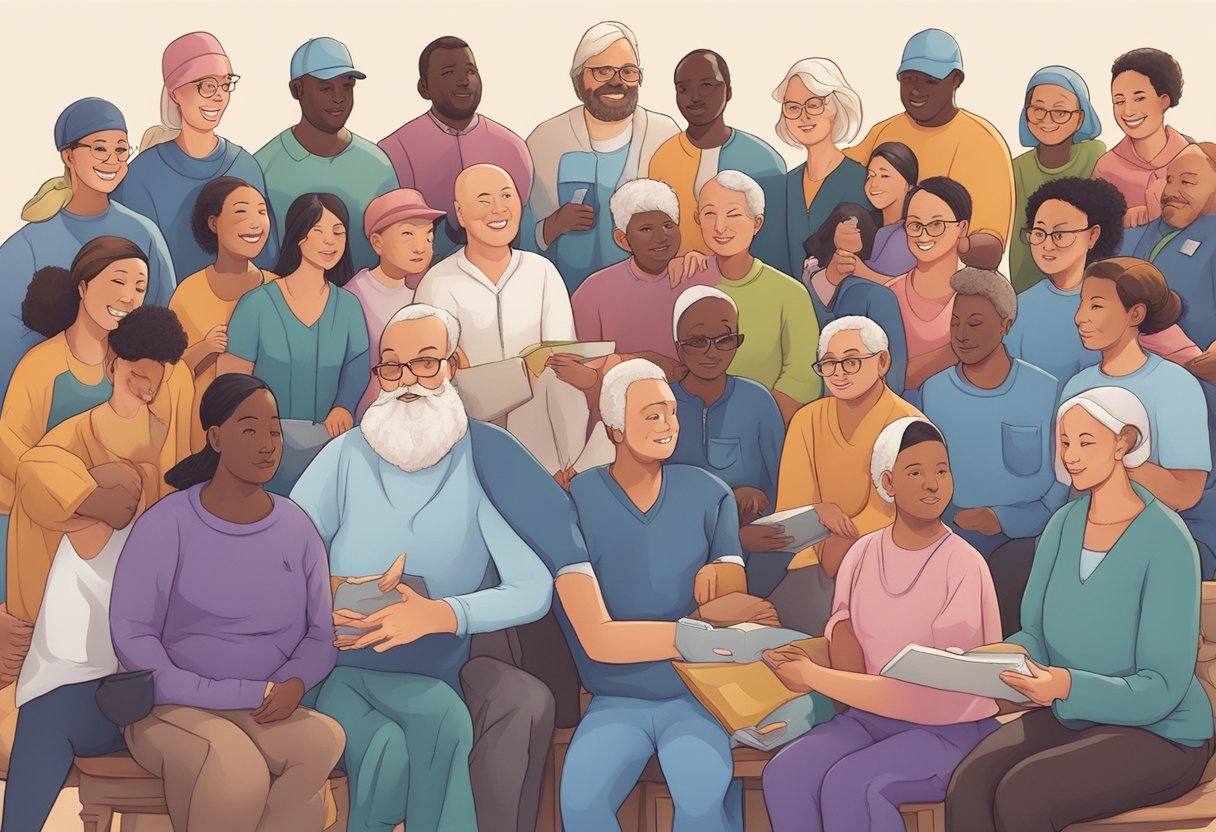 A digital illustration of a group of cancer thrivers sitting together.