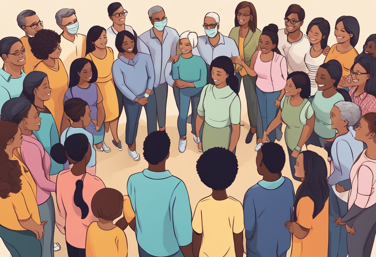 A digital illustration of a group of people in a circle.