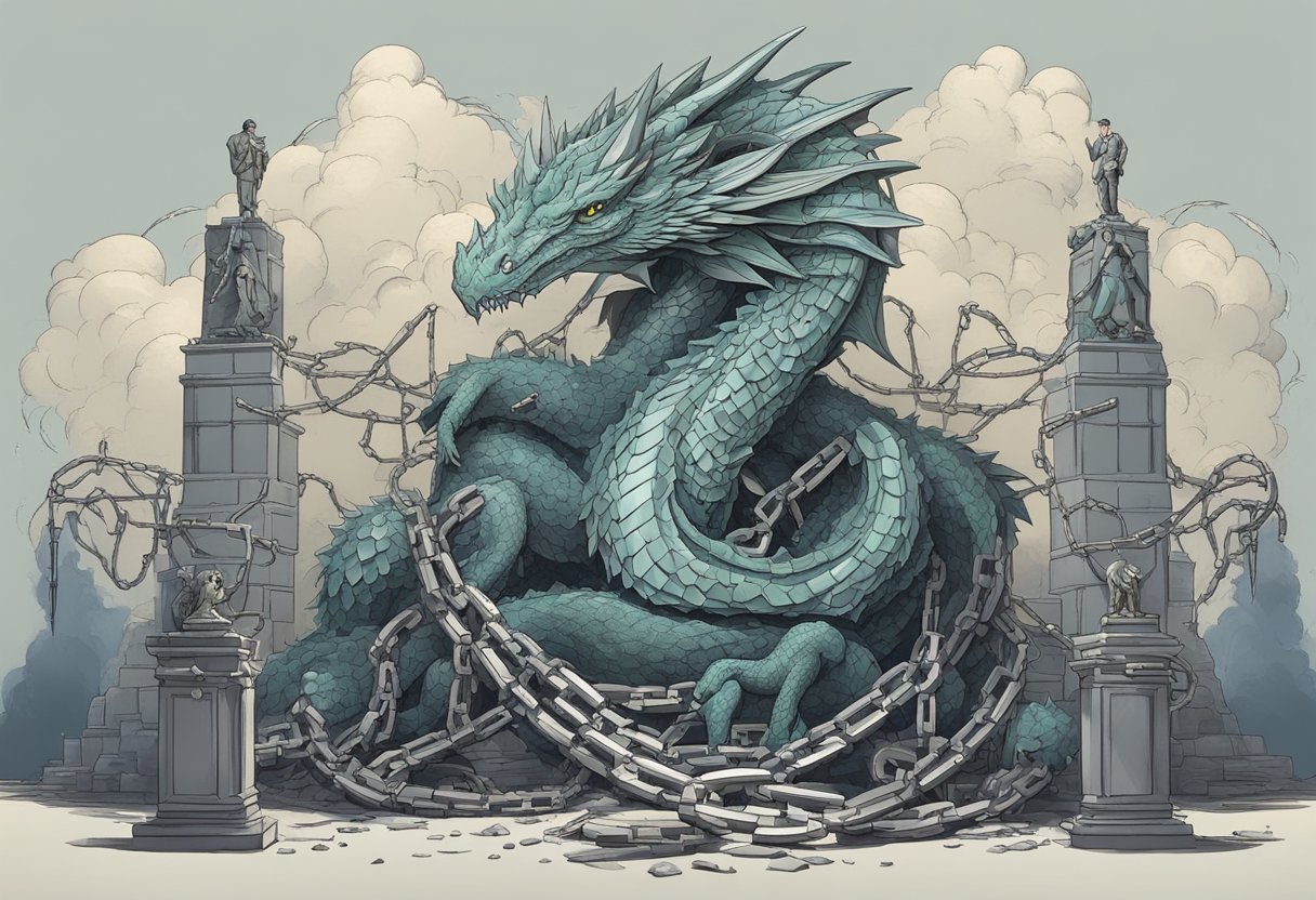 A digital illustration of a dragon breaking out of chains