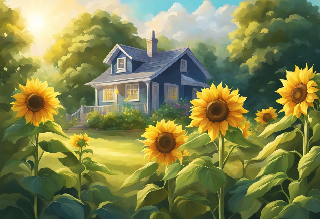 A digital illustration of a house amongst a forest and Sunflowers in the foreground.