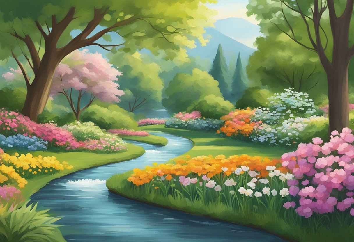 A digital illustration of a flowing stream through a park with colorful flowers and trees