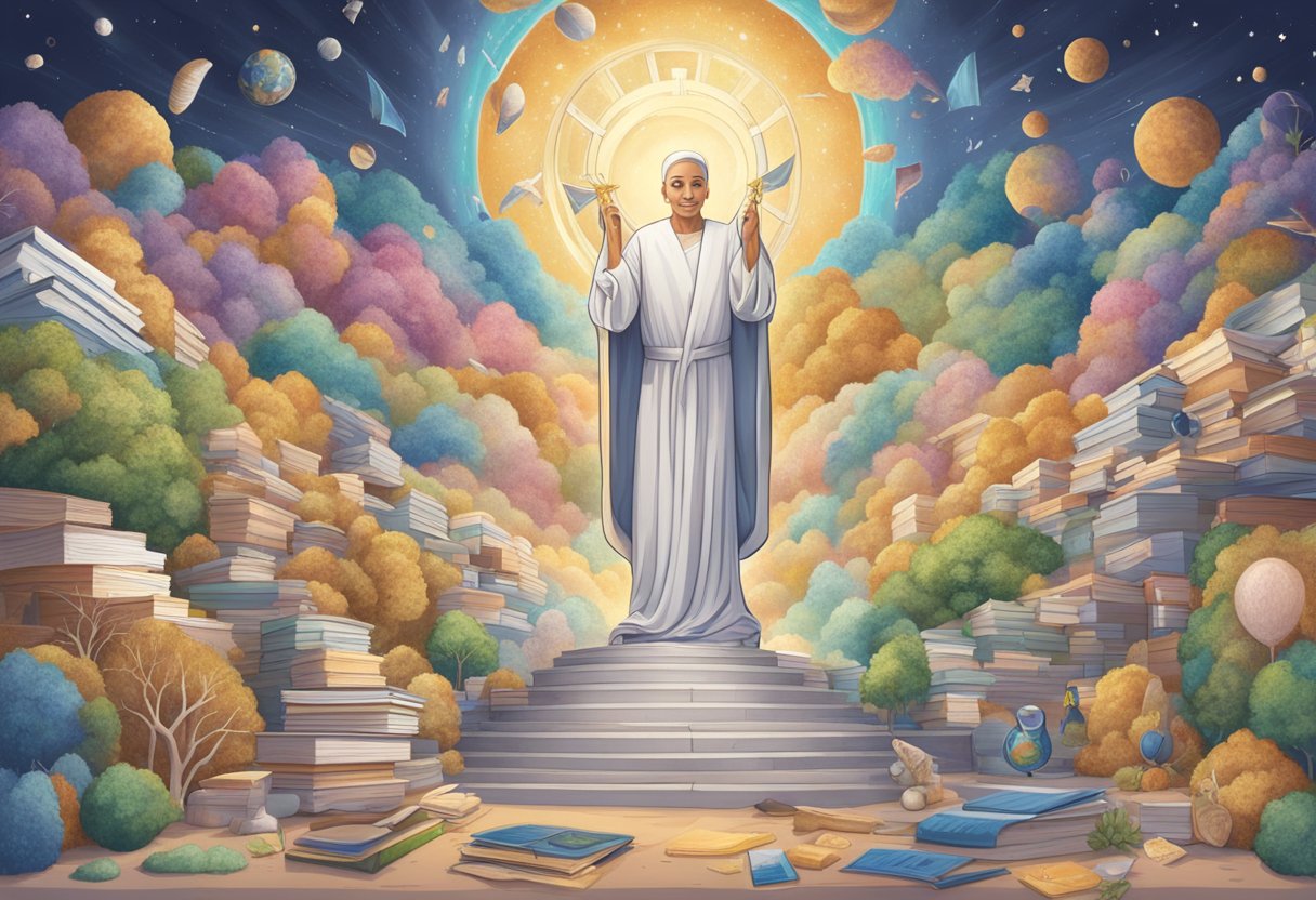 A digital illustration of a cancer thriver on a pedestal surrounded by books and colorful plants with the sun behind her.