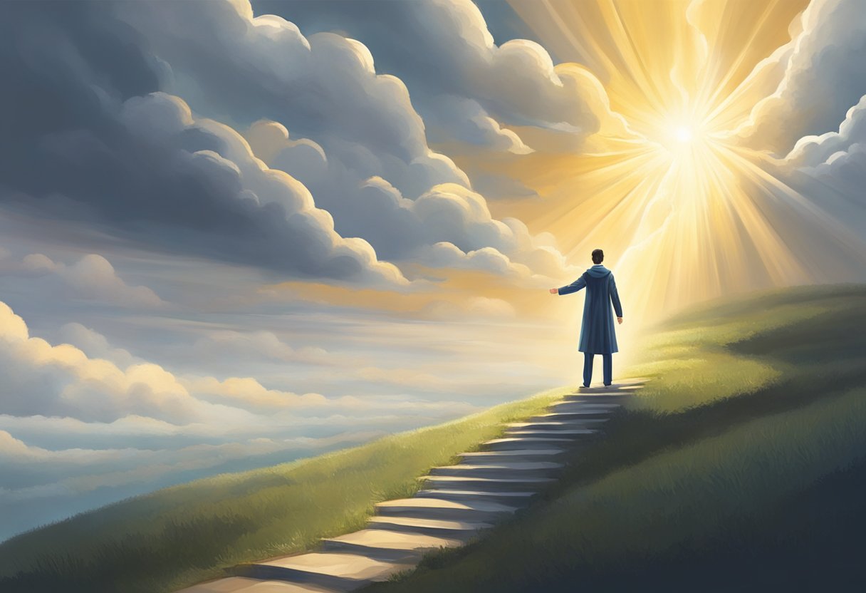 A digital illustration of a man climbing stairs on a hillside towards the sun while clouds are parting