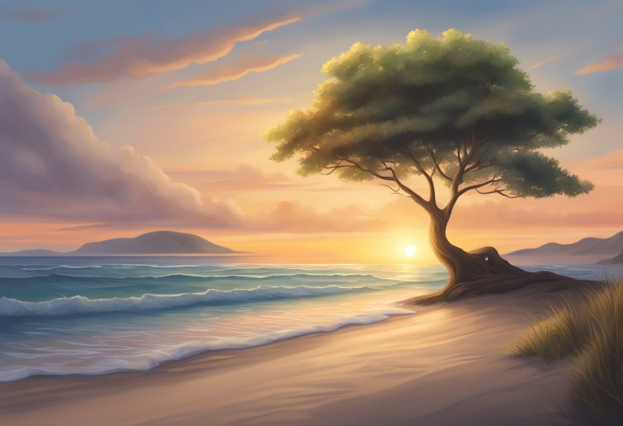 A digital illustration of a tree on a coast during a sunset