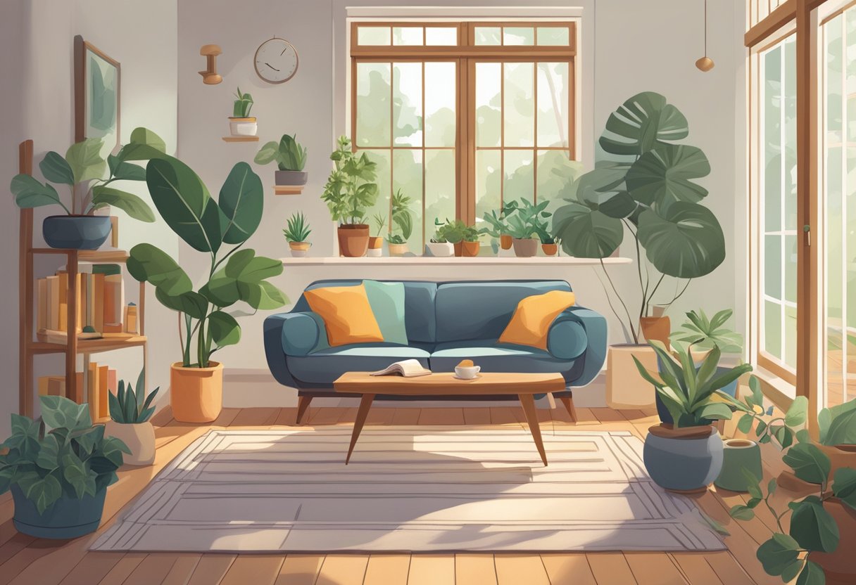 A digital illustration of a living room with plants and natural sunlight.