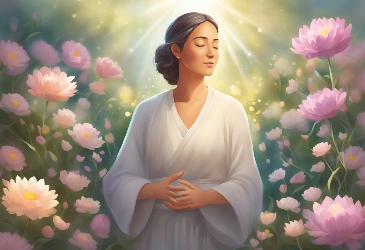 A digital illustration of a spiritual woman surrounded by flowers basking in the light.