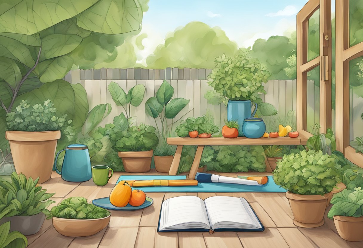 A digital illustration of a back yard with many plants, a bench, book, and yoga mat.