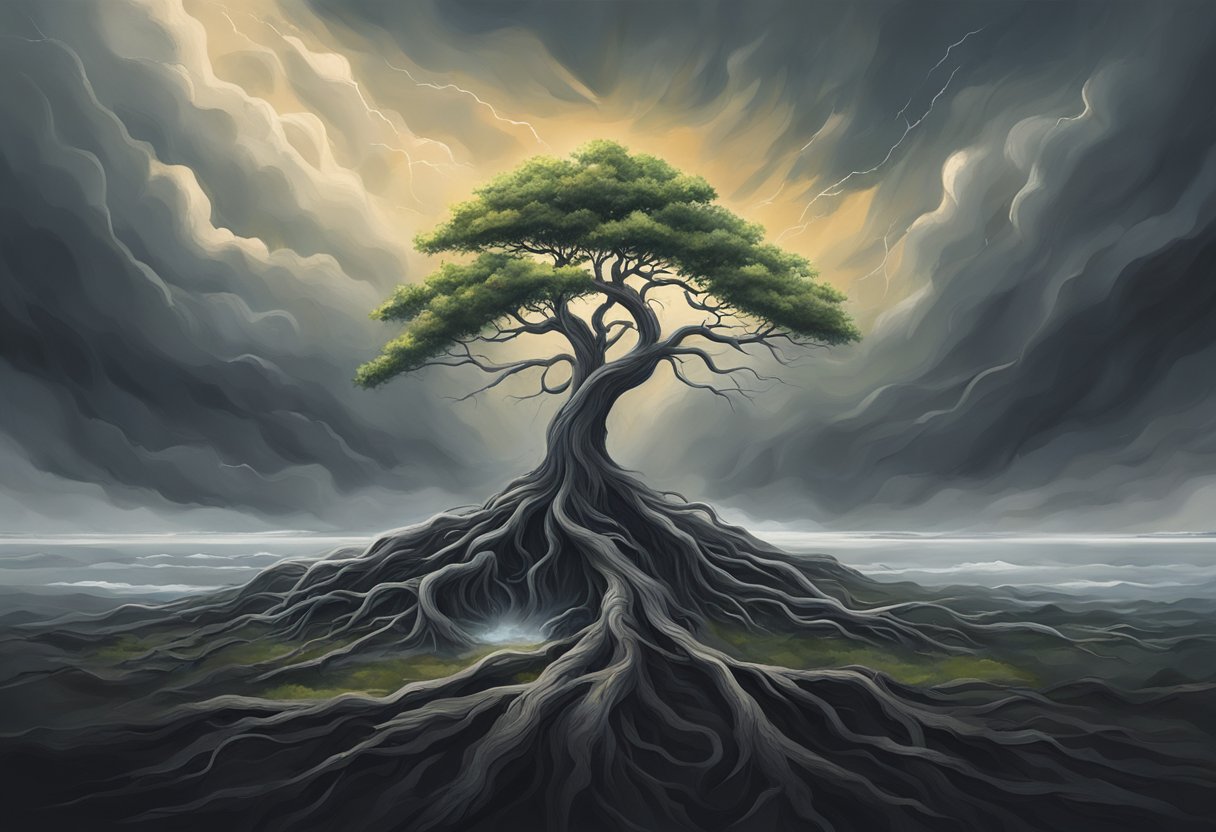 A digital illustration of a an old tree with deep roots during a dark storm with lightning.