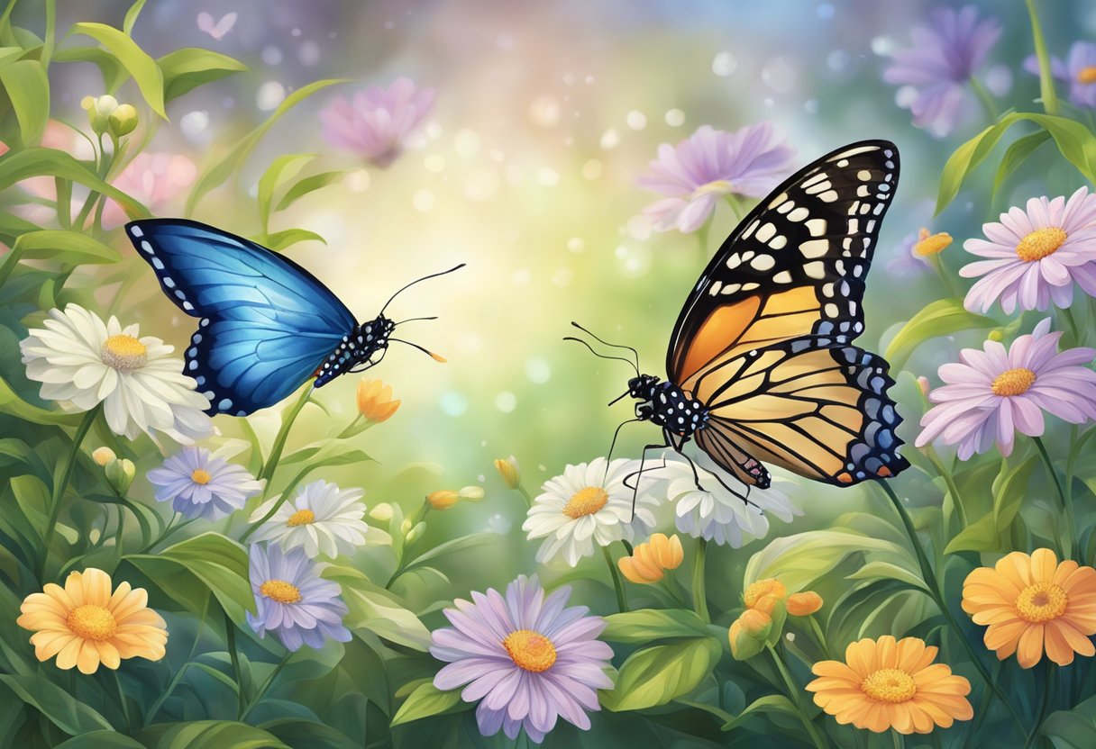 A digital illustration of a 2 butterflyes on colorful flowers