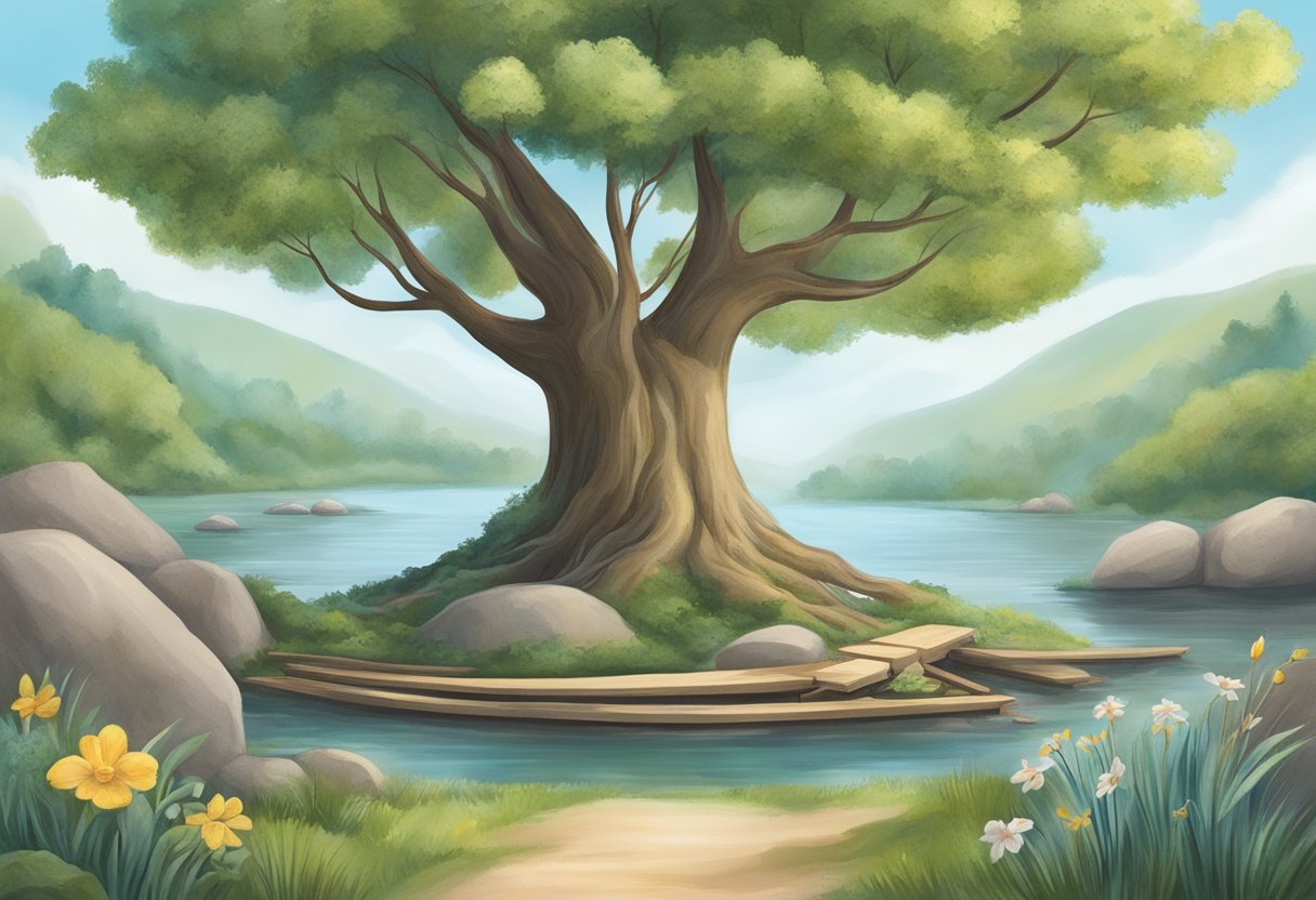 A digital illustration of a a large old tree on a small island on a lake
