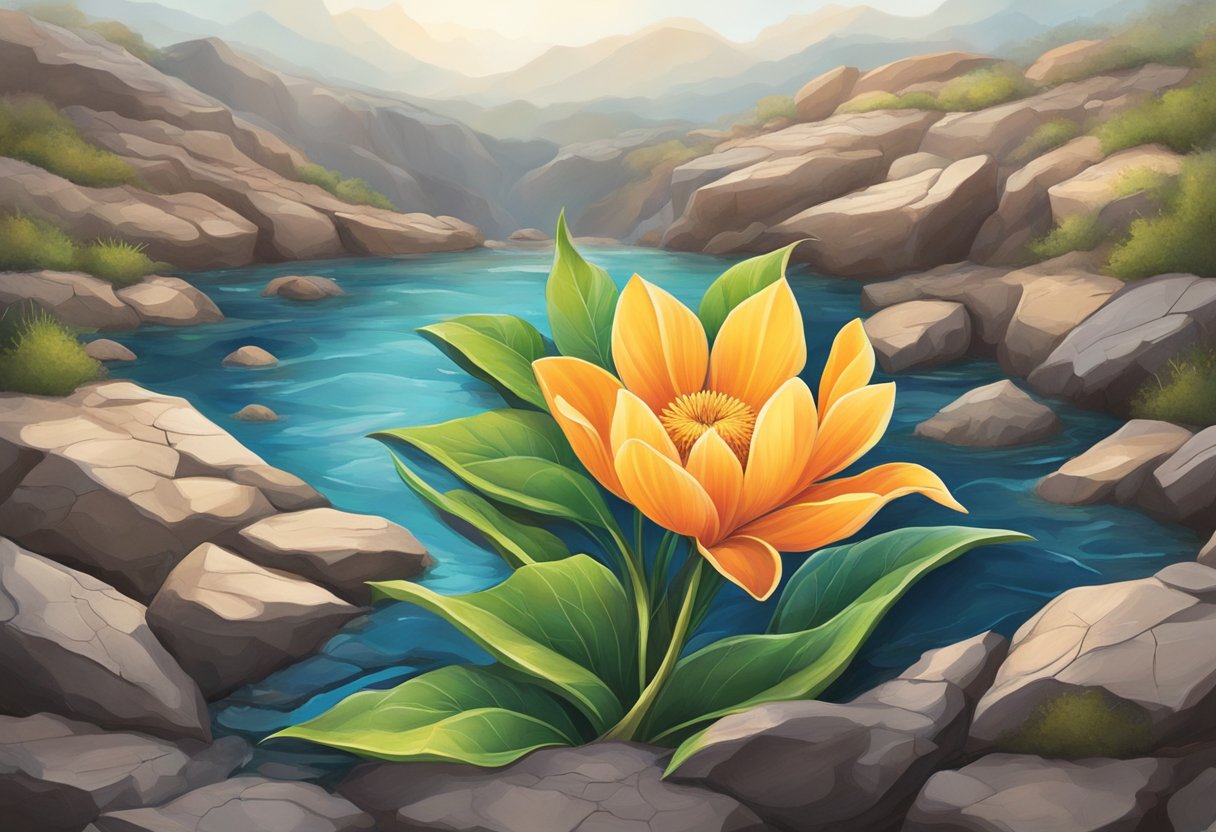 A digital illustration of a a beautiful yellow folwer frowing out of rocks near a small pond
