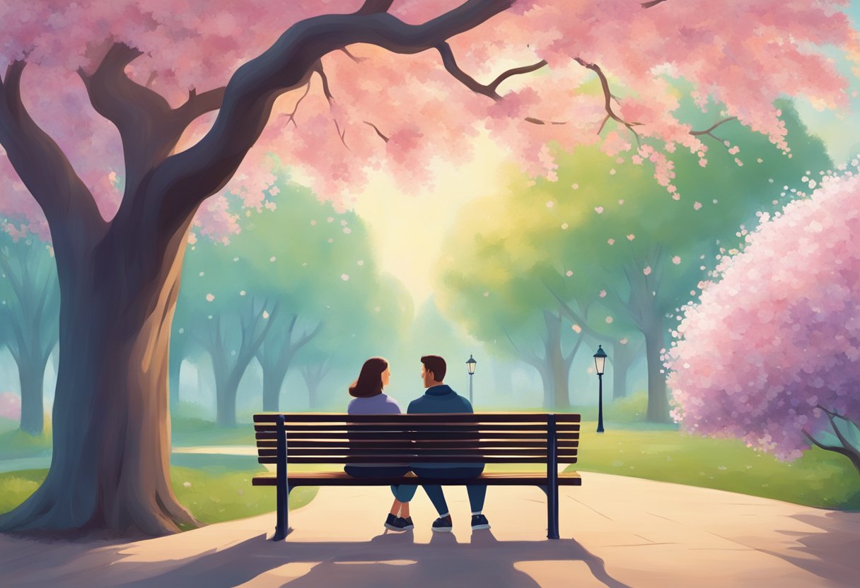 A digital illustration of a a couple sitting on a park bench under a blooming tree
