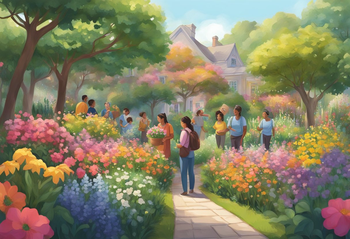 A digital illustration of a a group of people enjoying a lush garden 