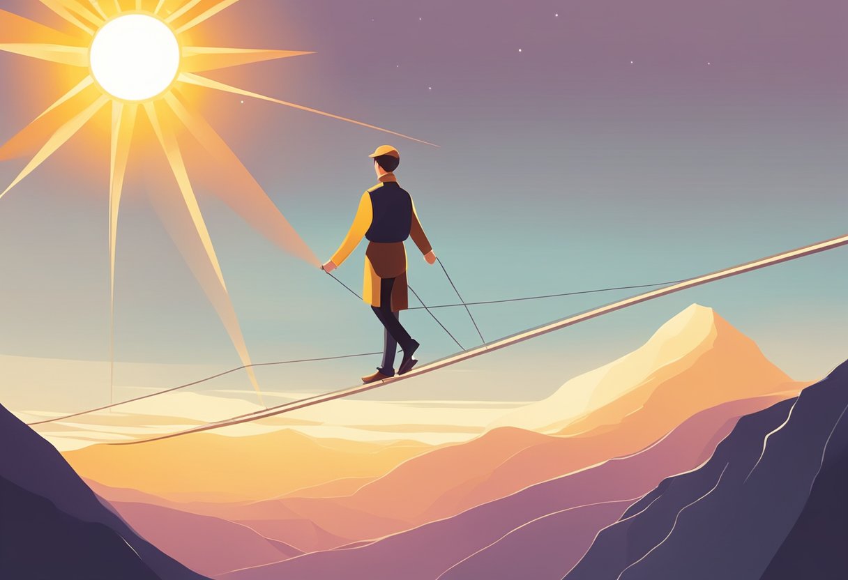 A digital illustration of a of a man walking a tightrope 