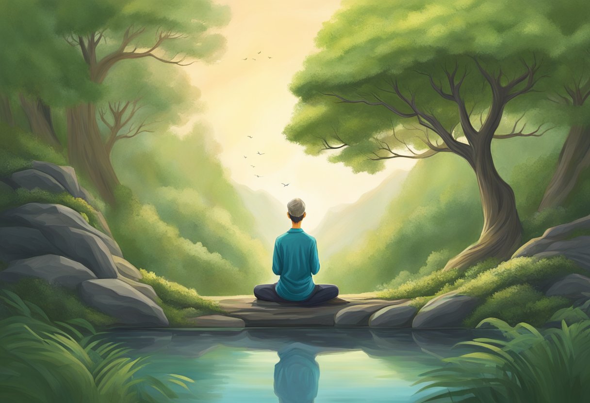 A digital illustration of a man near a pond practicing mindfulness and meditation
