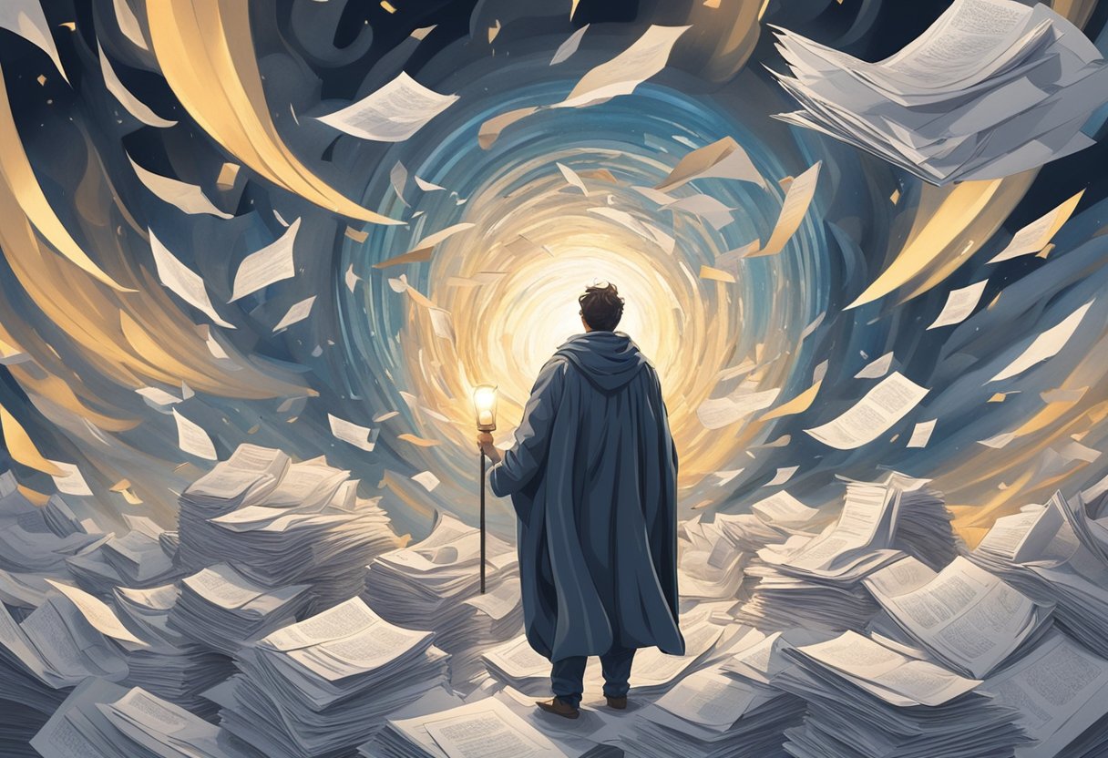 A digital illustration of a a man standing on top of paper information in a chaotic environment. while staring into a circular light