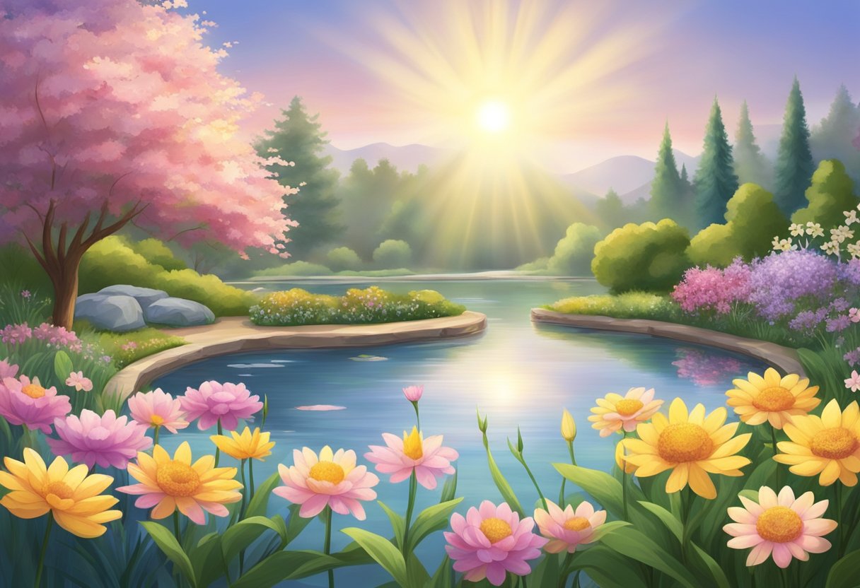 A digital illustration of a path lined pond in a mountain setting with lots of flowers and colorful trees at sunrise.