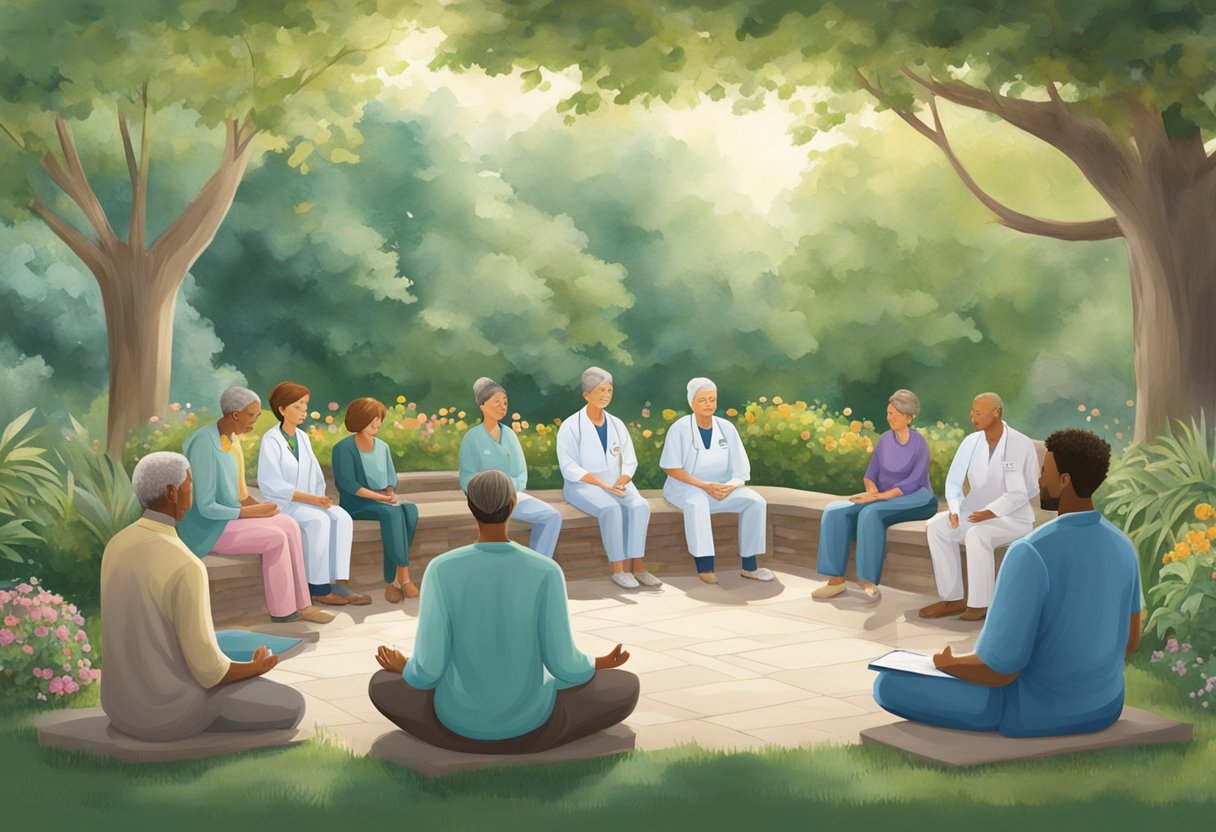 A digital illustration of an outdoor support group