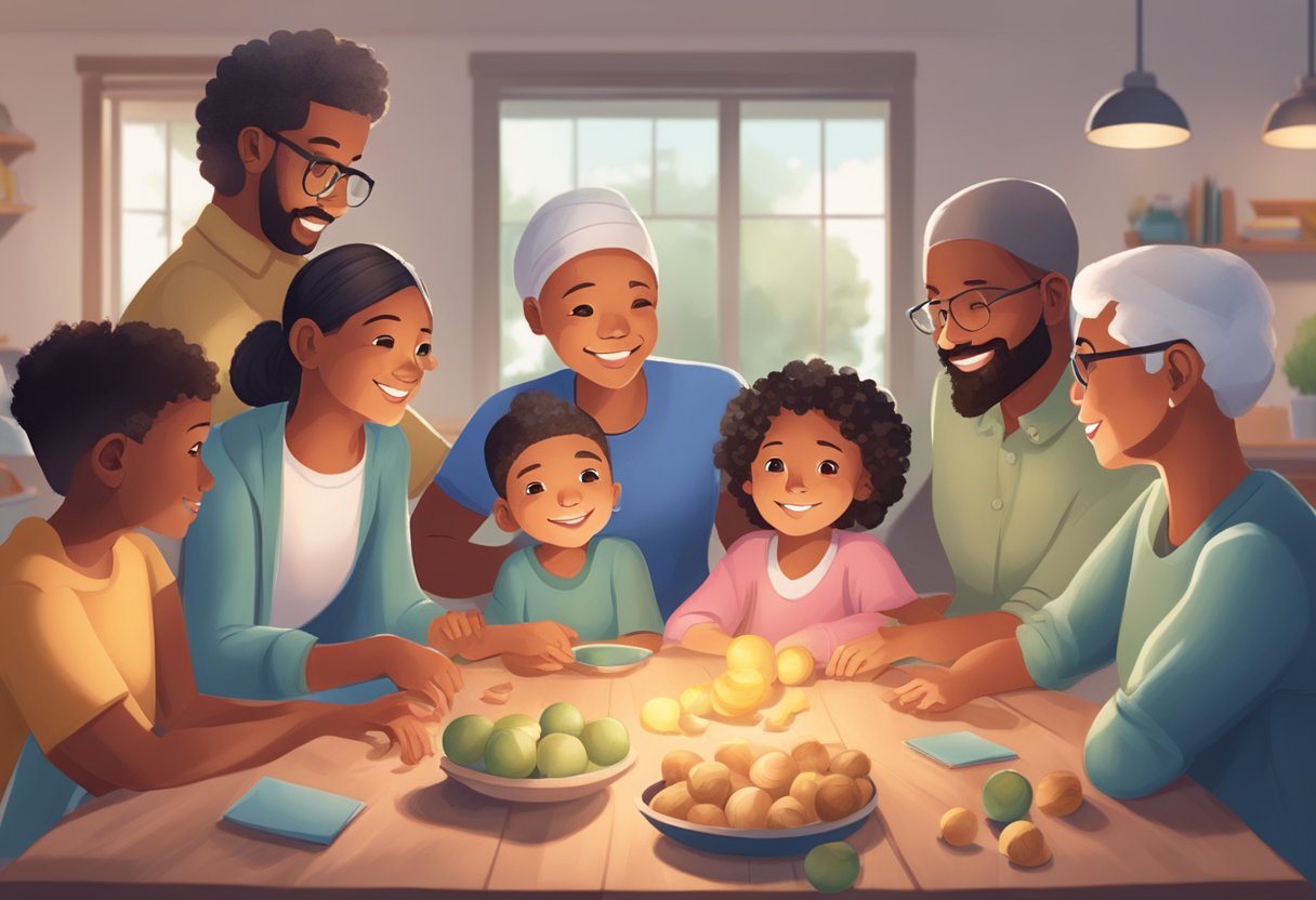 A digital illustration of a a family sitting at the table about to enjoy dinner.