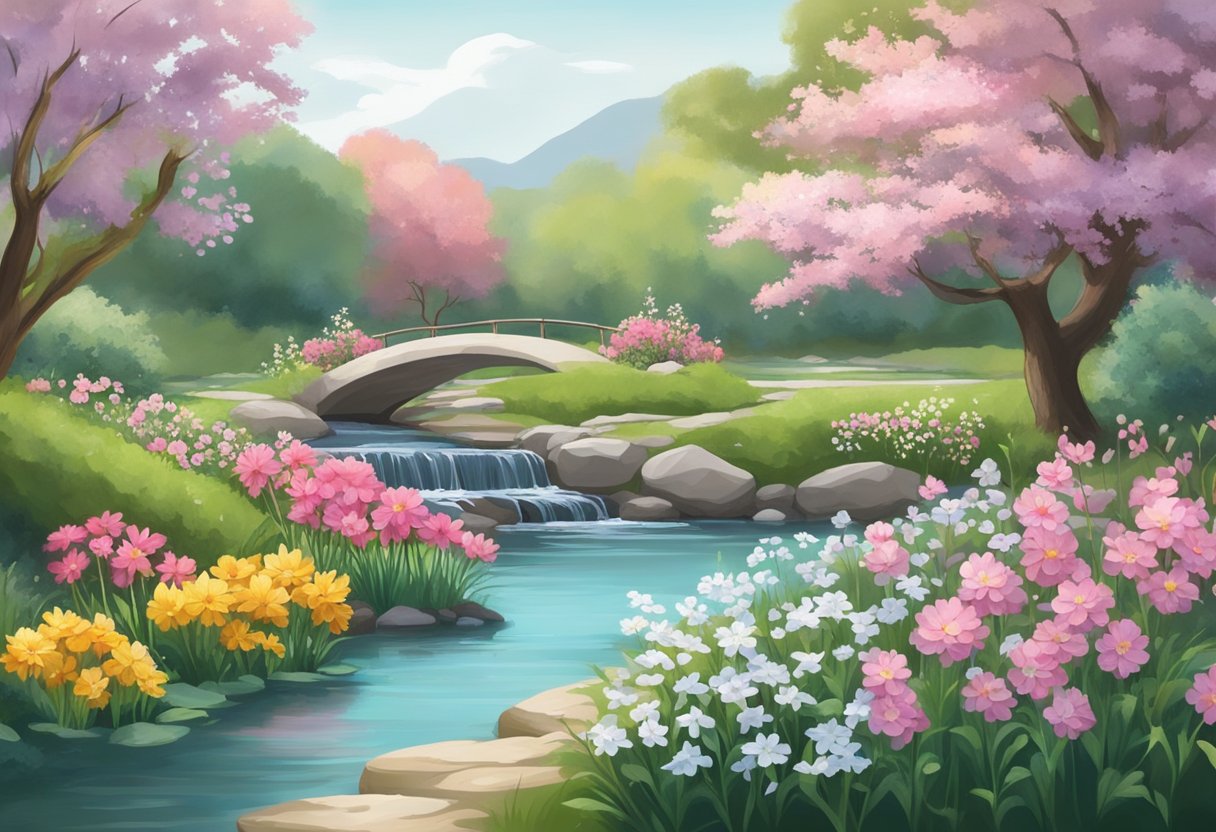 A digital illustration of a bridge over a gentle river in a park