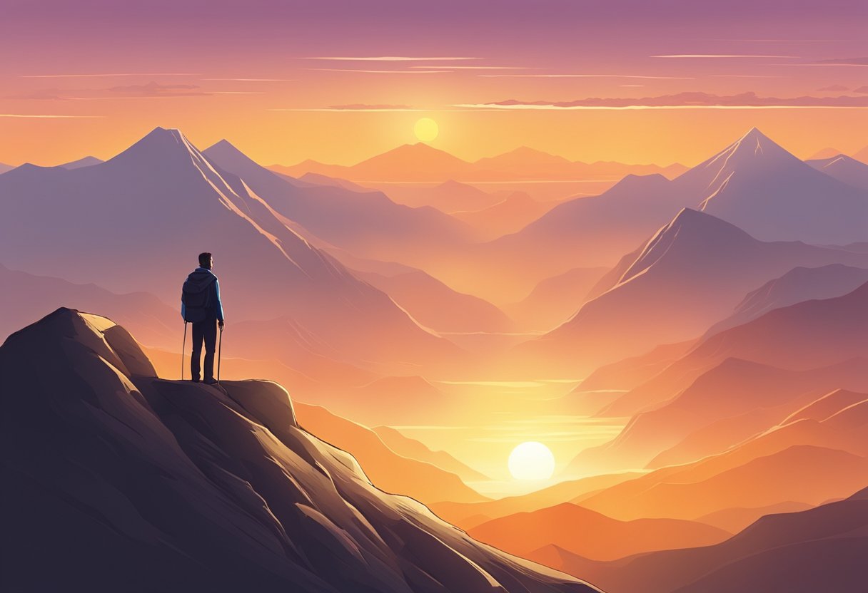 A man overlooking a mountain valley at sunset seeing the suns reflection in a lountain lake.