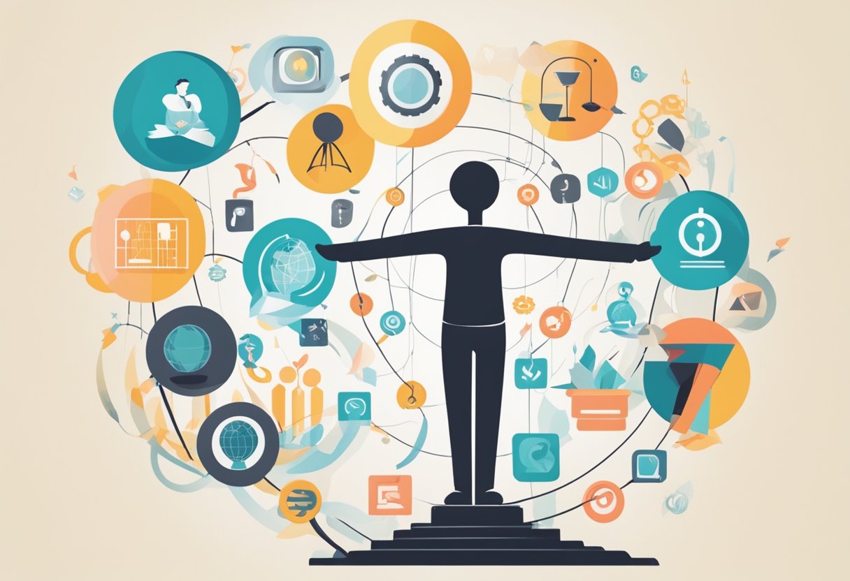 A digital illustration of a silhouette with the most important things and ideas in bubbles aroungd them 