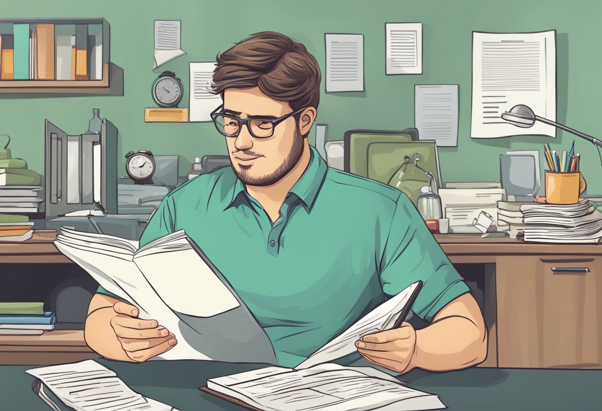 A digital illustration of a man reading a paper in his office