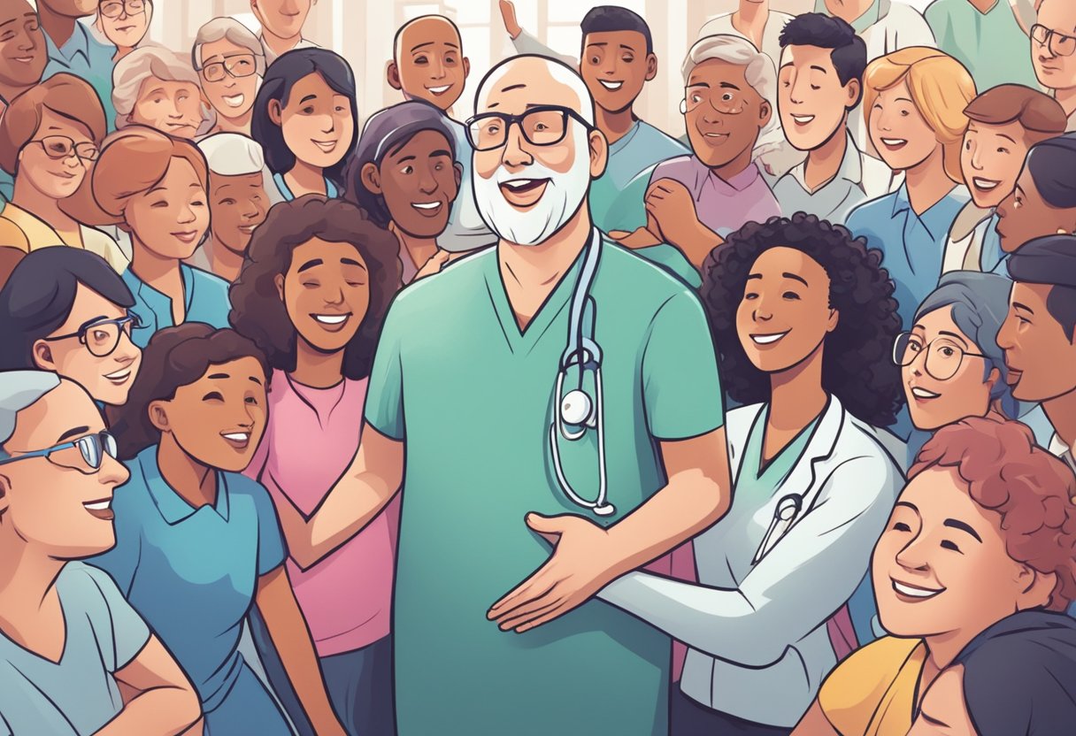A digital Illustration of a doctor being surrounded and celebrated 