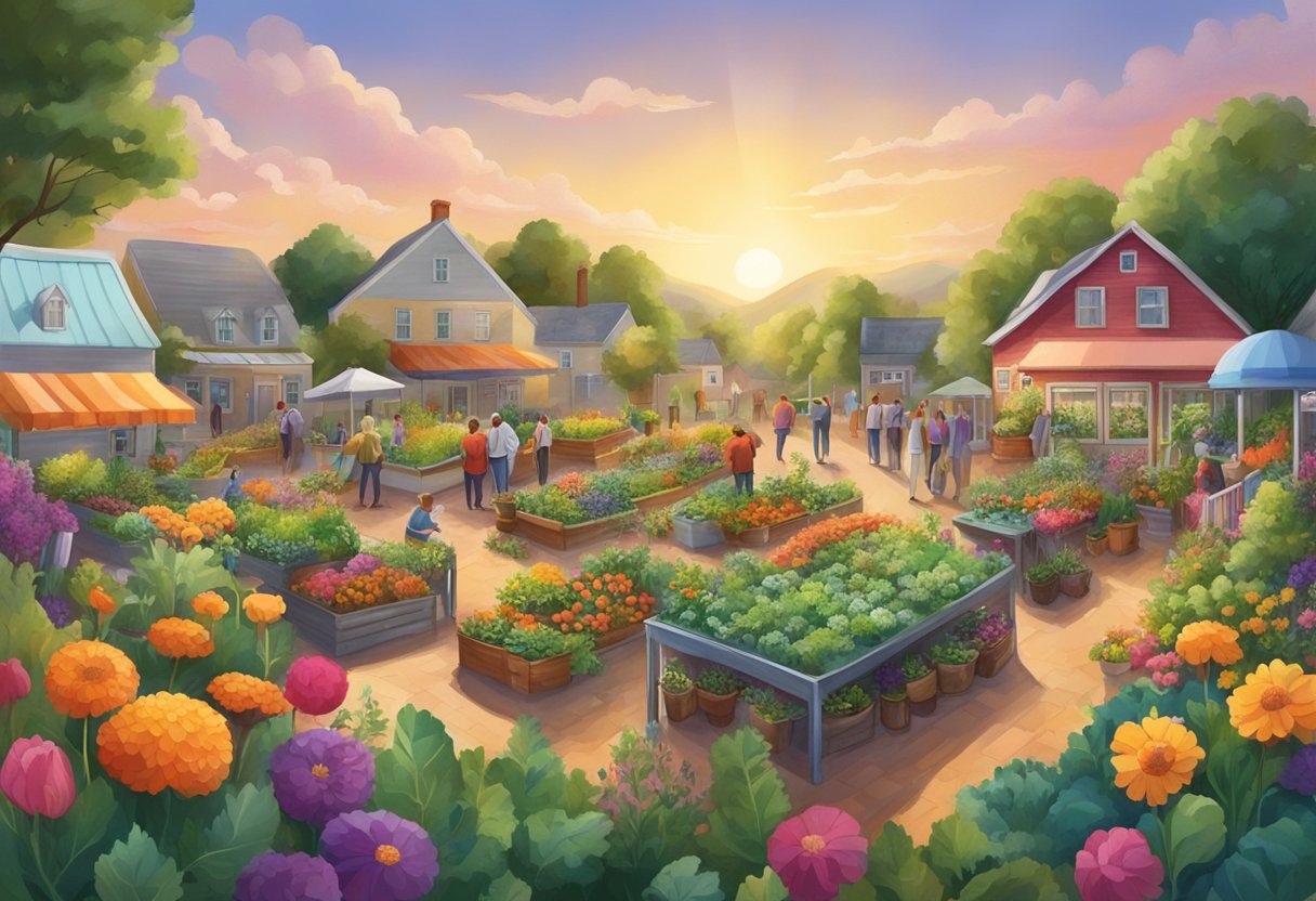 A digital illustration of a community garden with multiple people working with in it.