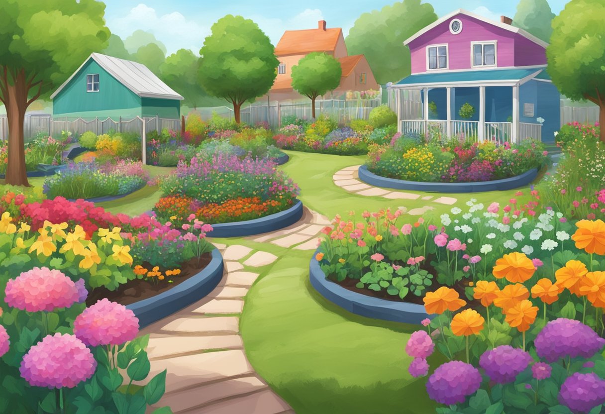 A digital illustration of a back yard garden