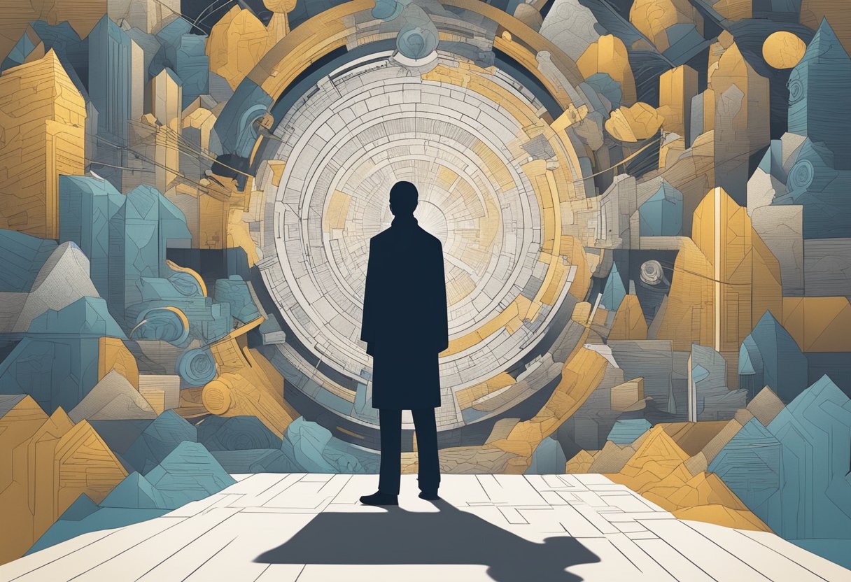 A digital illustration of a of a man staring into the machine